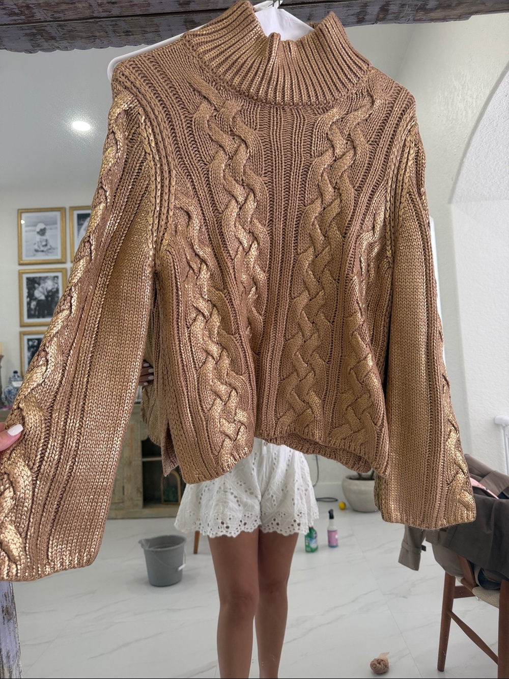 Zara Metallic Bronze Cable-Knit Turtleneck Sweater